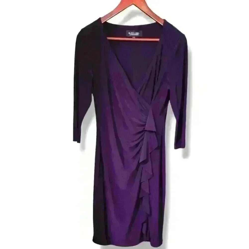Black Label Evan Picone Purple Dress 3/4 Sleeve Ruched Ruffle|Size 10 #035